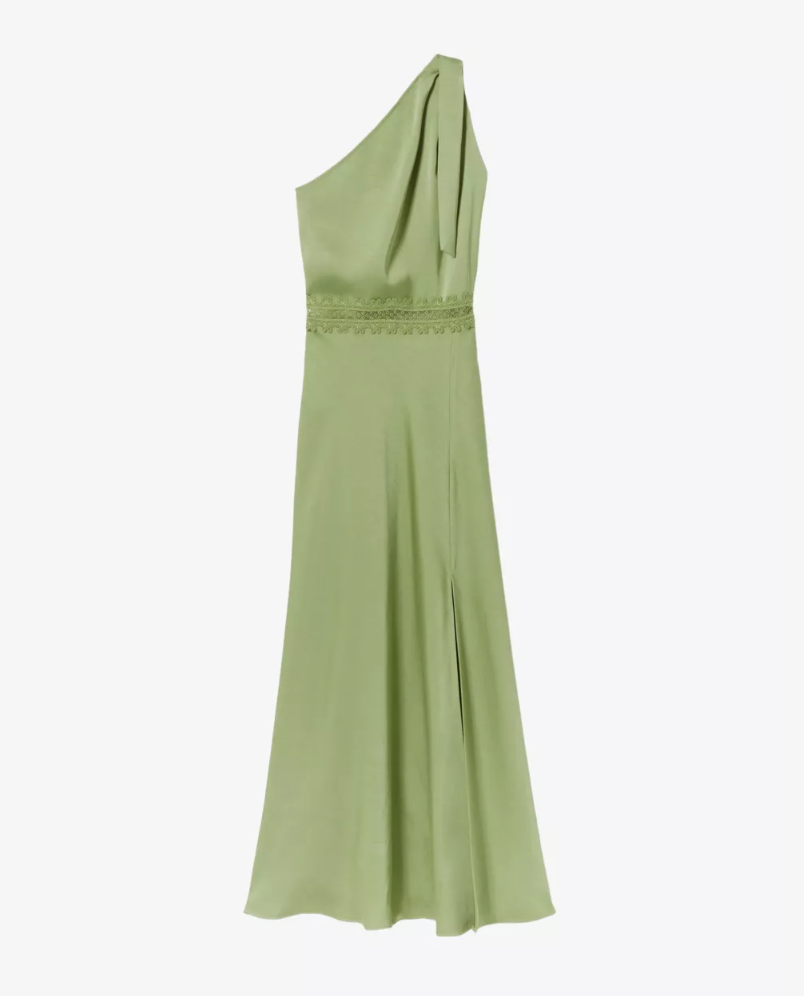 One-Shoulder Lace Trim Satin Maxi Dress