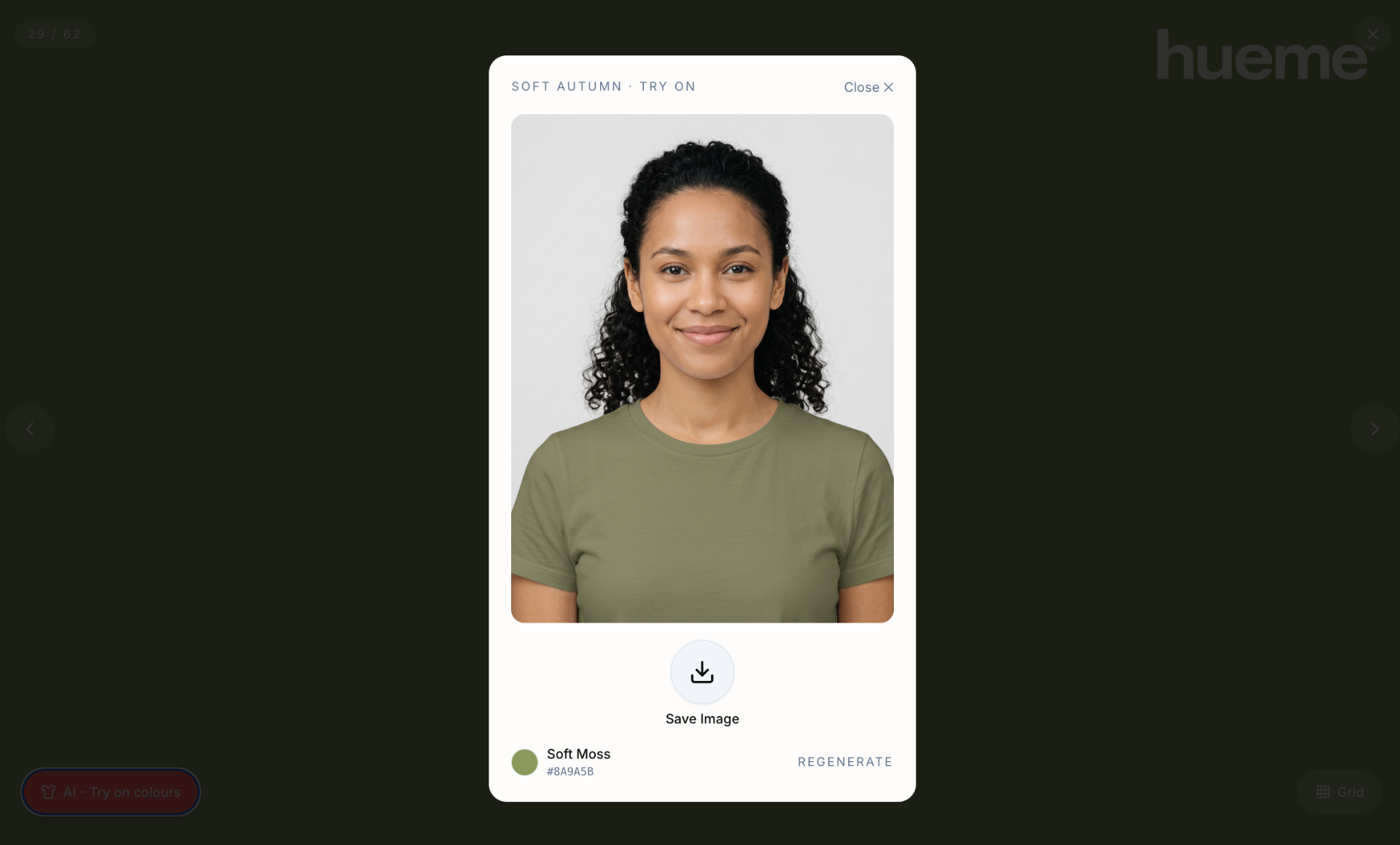 Woman holding her phone with an AI try-on in coral