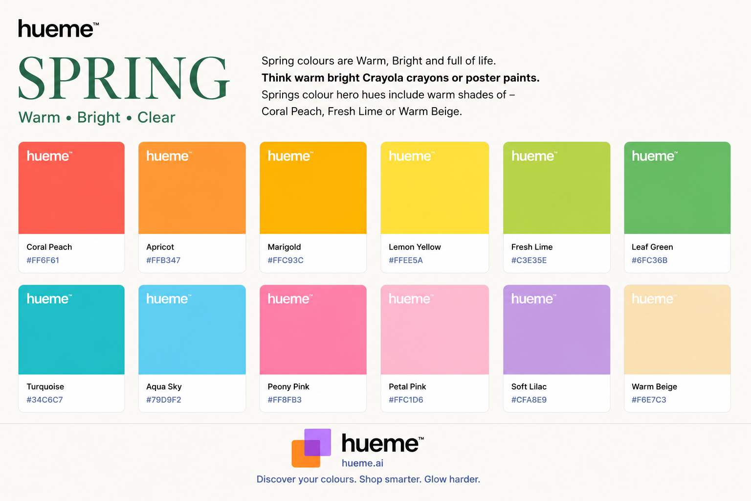 Hueme Spring palette: warm, bright, clear shades including Coral Peach, Apricot, Marigold, Lemon Yellow, Fresh Lime, Leaf Green, Turquoise, Aqua Sky, Peony Pink, Petal Pink, Soft Lilac and Warm Beige.