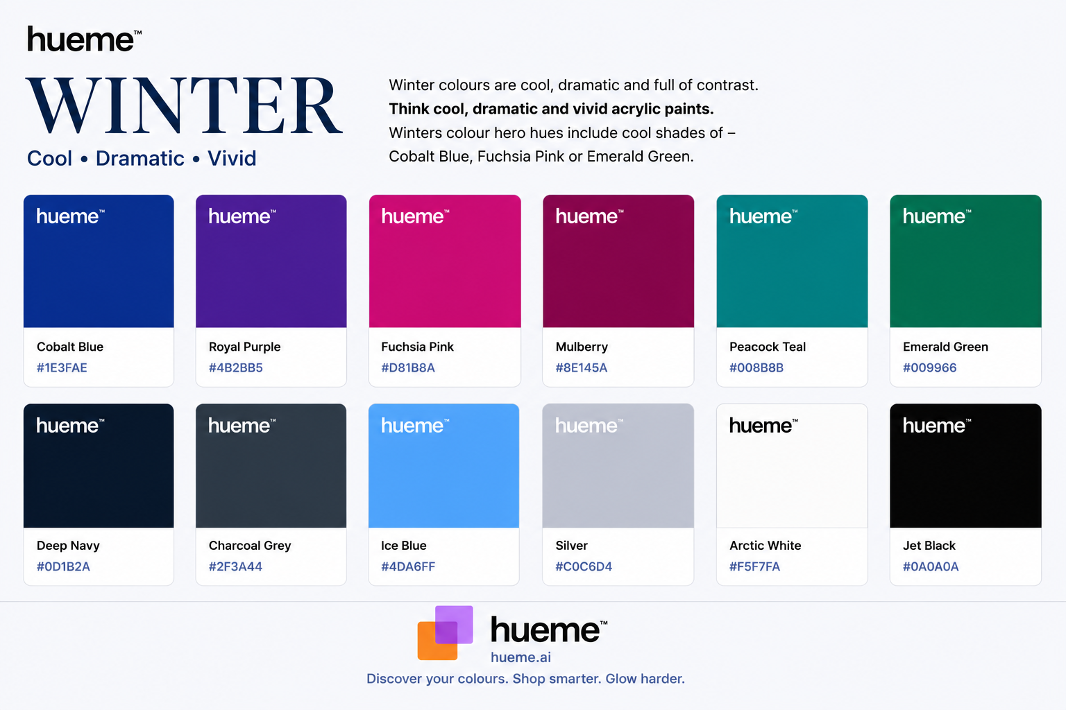 Hueme Winter palette: cool, dramatic, vivid shades including Cobalt Blue, Royal Purple, Fuchsia Pink, Mulberry, Peacock Teal, Emerald Green, Deep Navy, Charcoal Grey, Ice Blue, Silver, Arctic White and Jet Black.