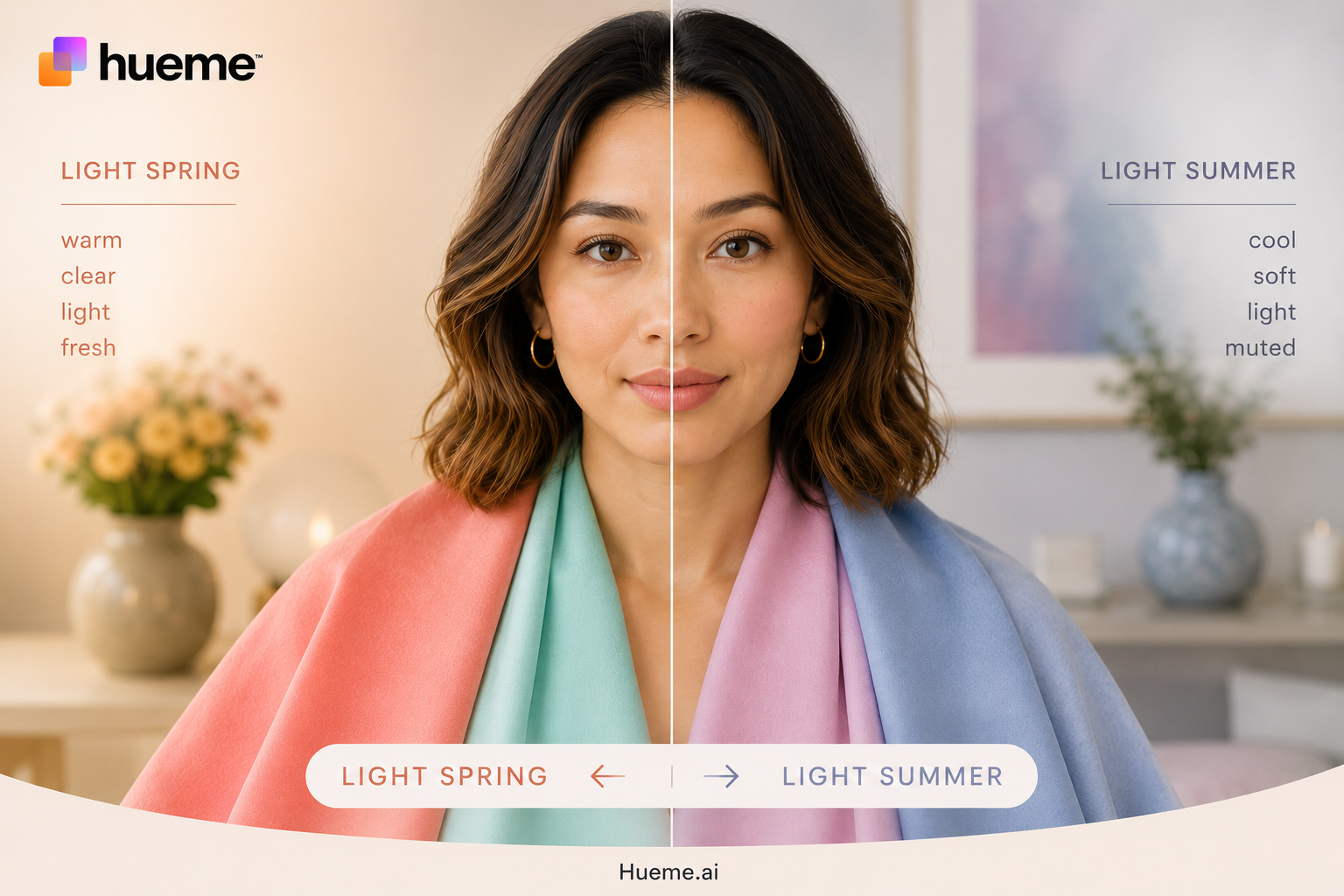 Split portrait showing Light Spring on the warm side and Light Summer on the cool side, each labelled with its key qualities.