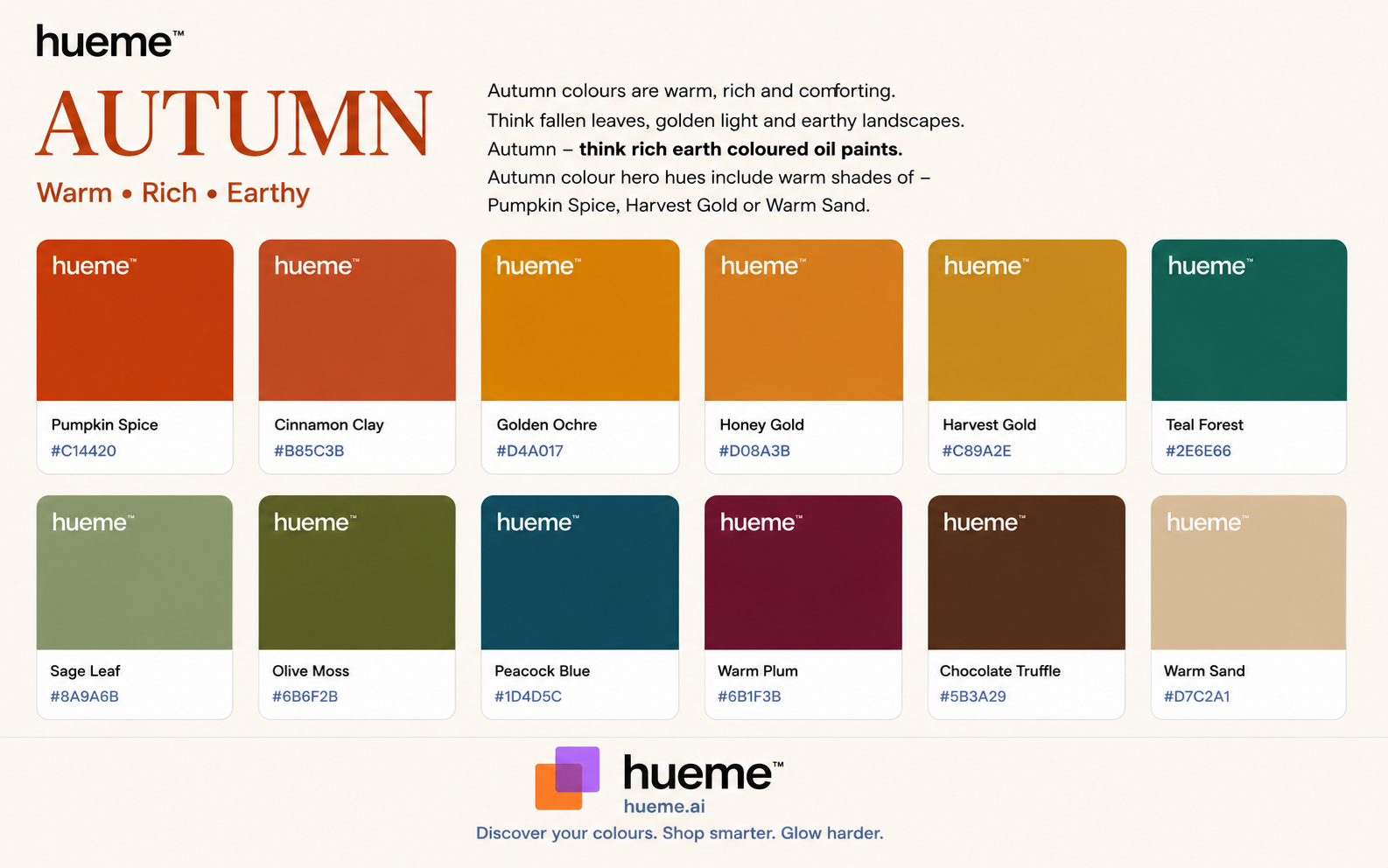 Hueme Autumn palette: warm, rich, earthy shades including Pumpkin Spice, Cinnamon Clay, Golden Ochre, Honey Gold, Harvest Gold, Teal Forest, Sage Leaf, Olive Moss, Peacock Blue, Warm Plum, Chocolate Truffle and Warm Sand.