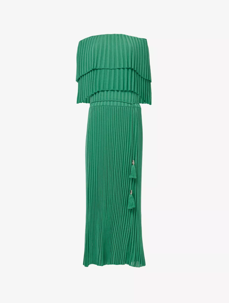 Off-Shoulder Pleat Woven Midi Dress