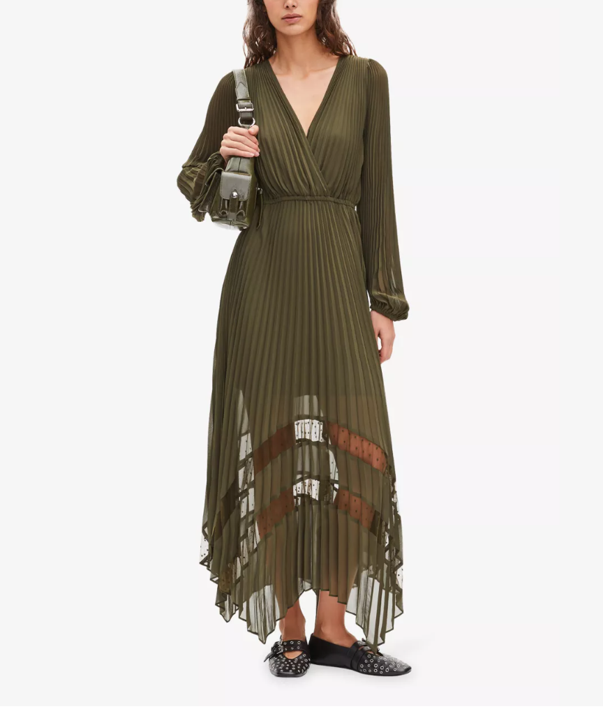 Pleated V-Neck Woven Maxi Dress