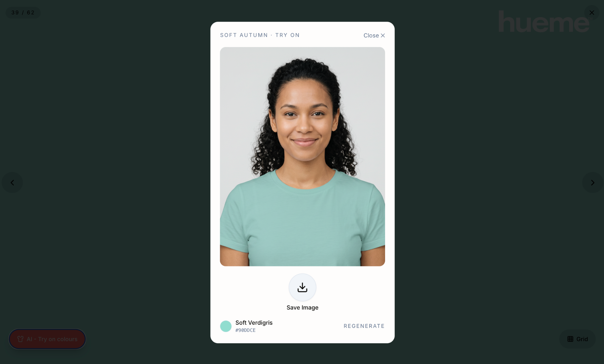 Woman holding her phone with an AI try-on in coral