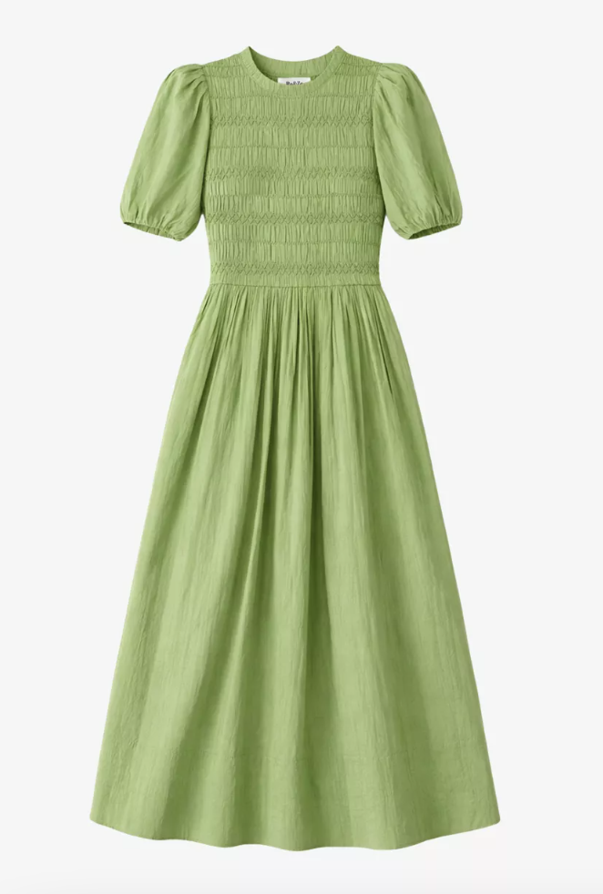 Shirred Bodice Puff Sleeve Midi Dress