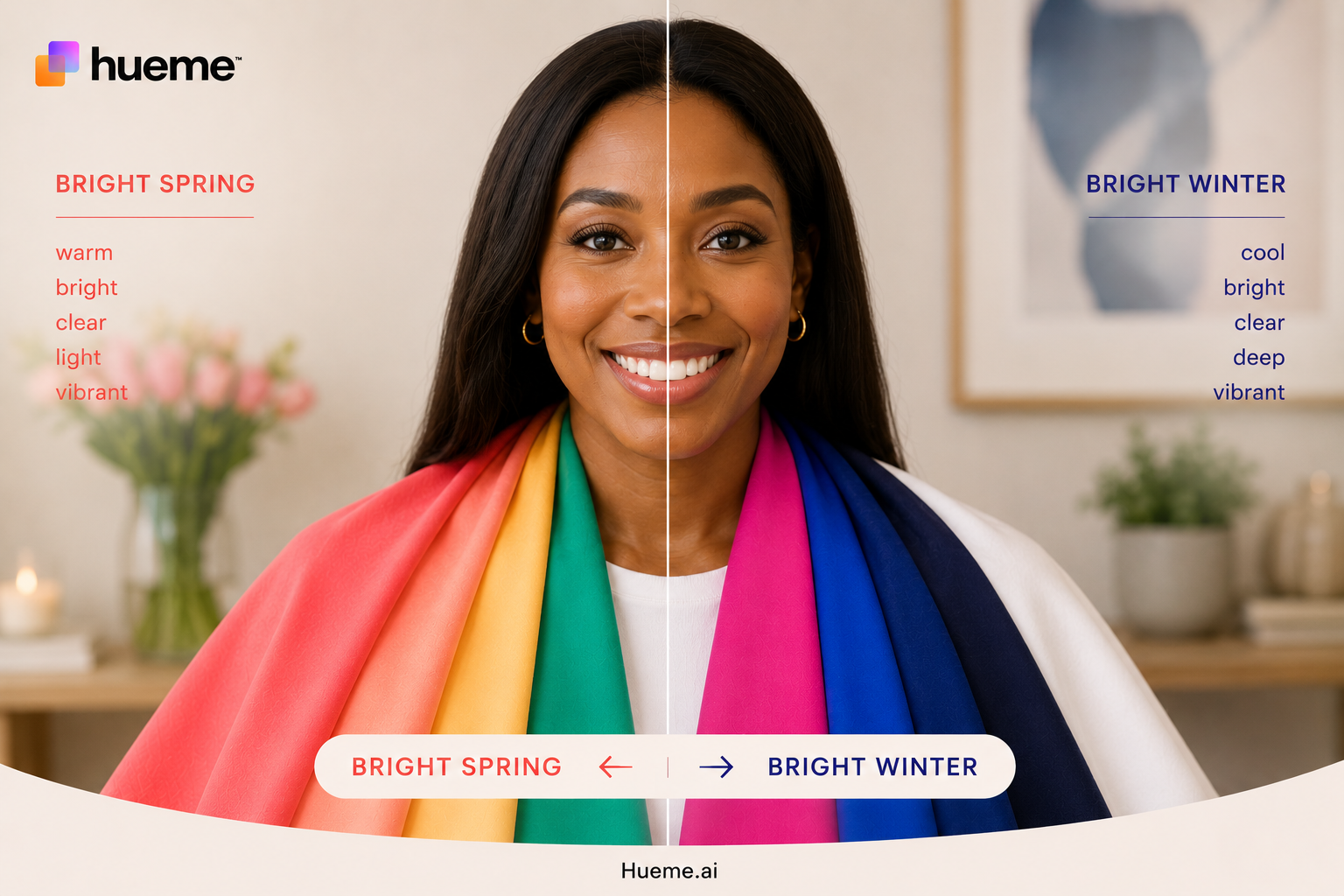 Split portrait showing Bright Spring on the warm side and Bright Winter on the cool side, each labelled with its key qualities.