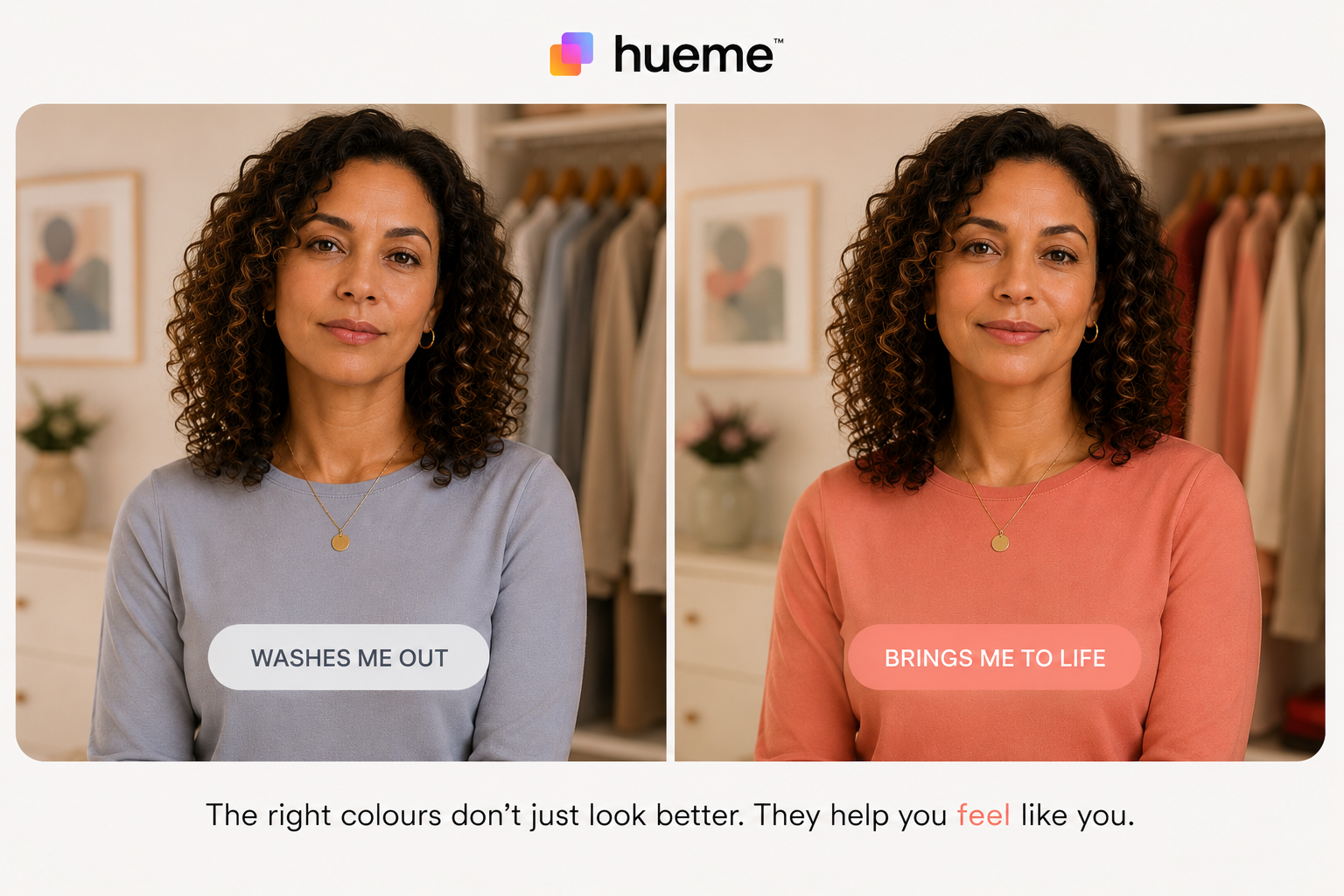 Two side-by-side portraits of the same woman: one in a draining beige top, one in a flattering coral top.