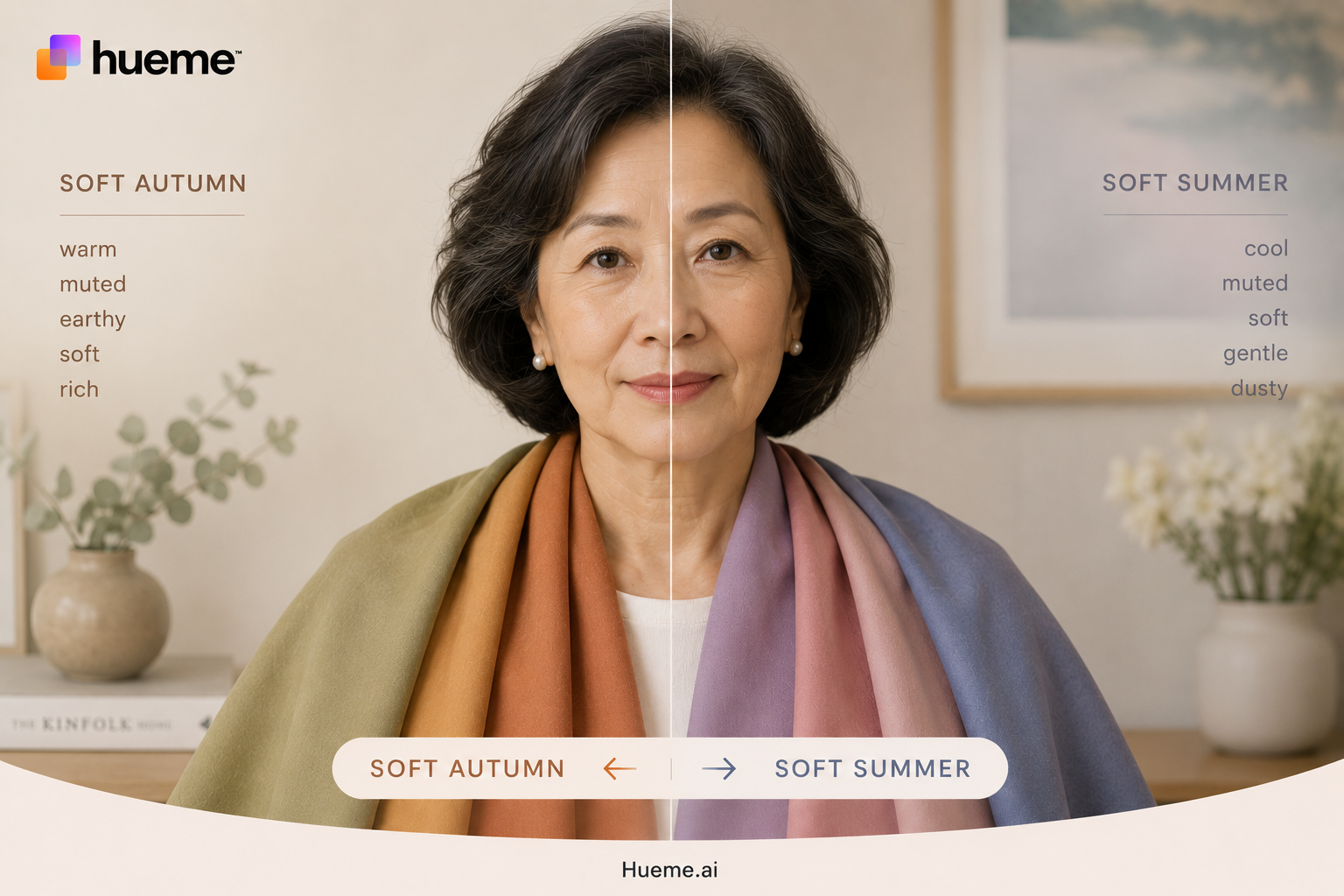 Split portrait showing Soft Autumn on the warm side and Soft Summer on the cool side, each labelled with its key qualities.
