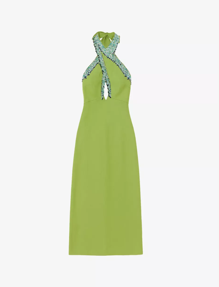 Beaded Halter Neck Cotton Blend Midi Dress