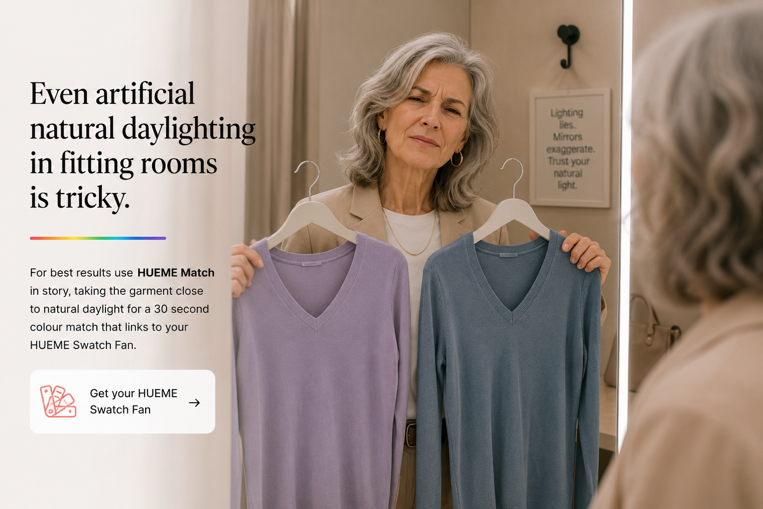 Three editorial cards on changing-room lighting, in-store colour matching and a colour-coordinated wardrobe.