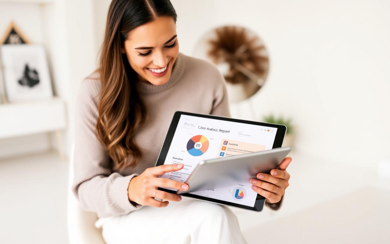 Client smiling while reviewing a colour analysis report on a tablet
