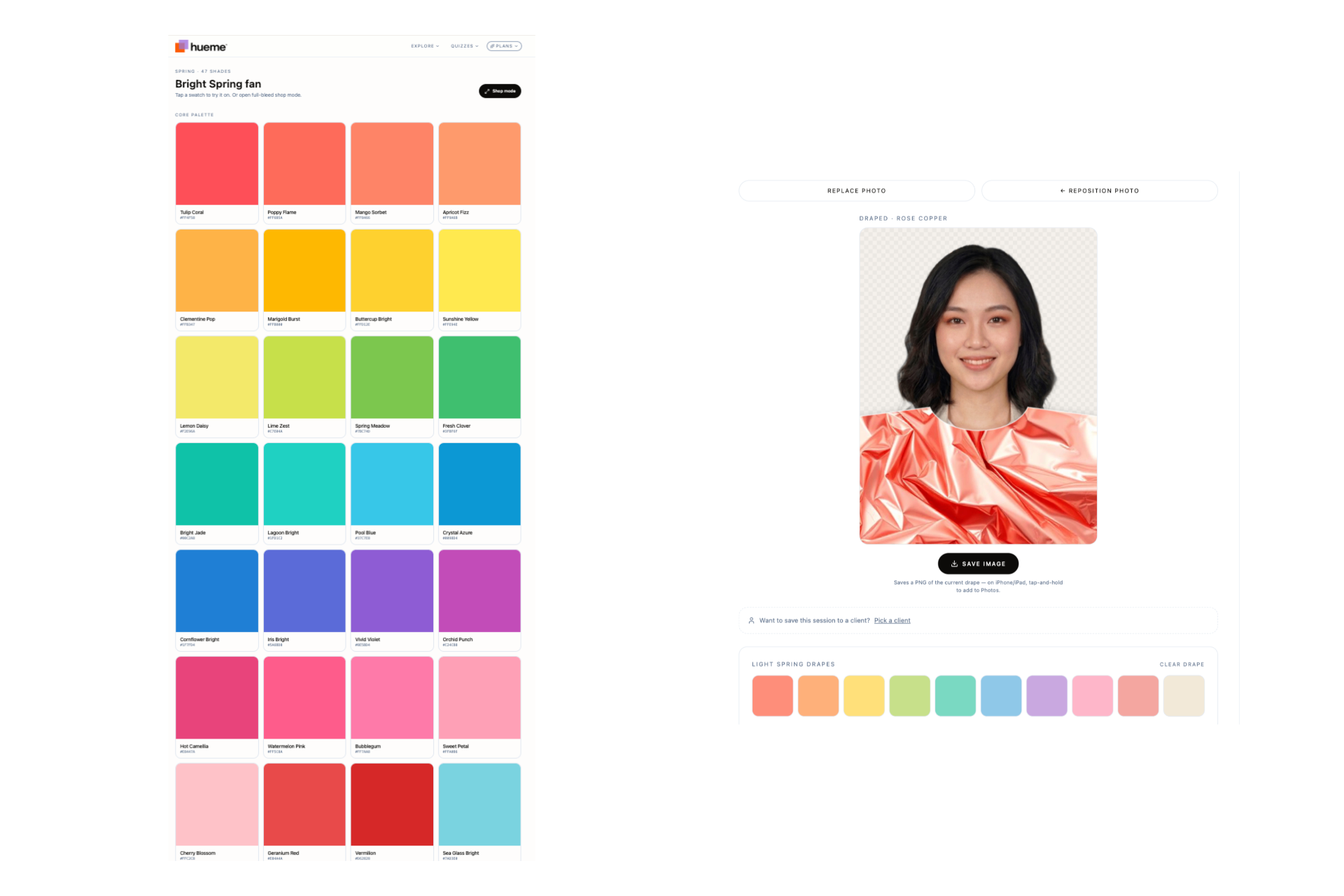 Digital draping studio in action — drape colours across a client's photo