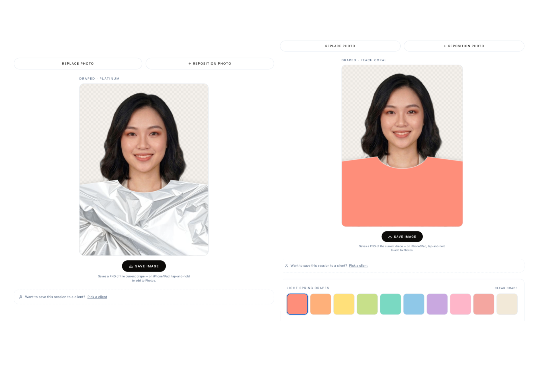 Digital draping studio in action — drape colours across a client's photo