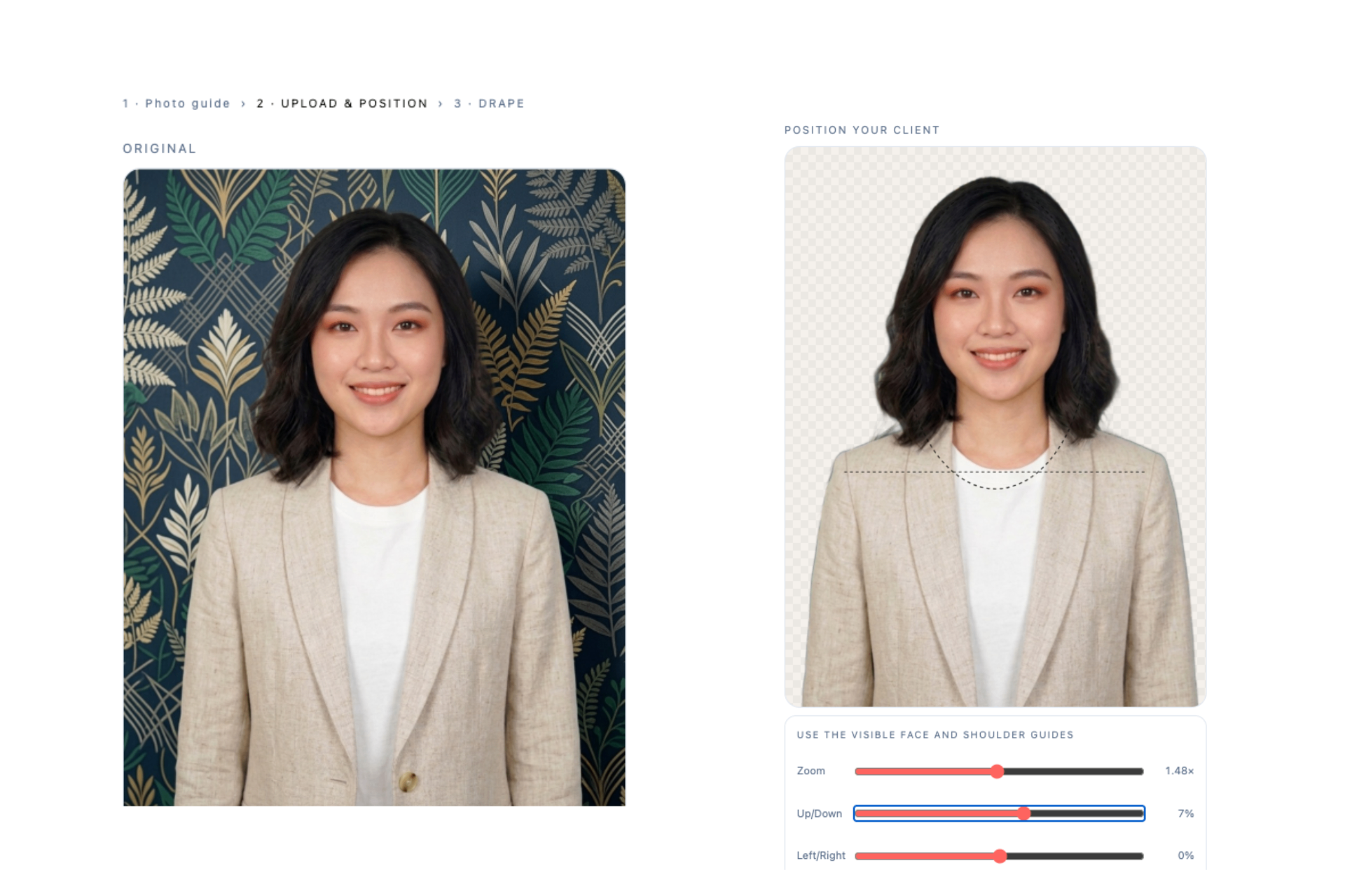 Digital draping studio in action — drape colours across a client's photo