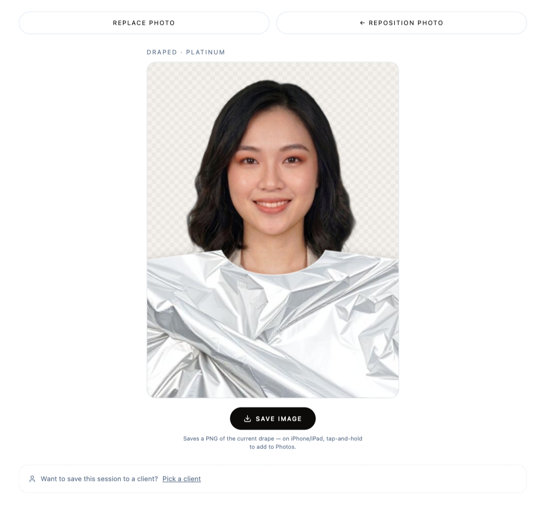 Digital draping studio in action — drape colours across a client's photo