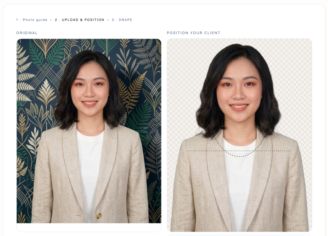 Digital draping studio in action — drape colours across a client's photo