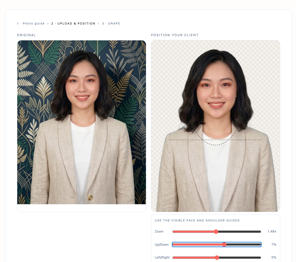 Digital draping studio in action — drape colours across a client's photo