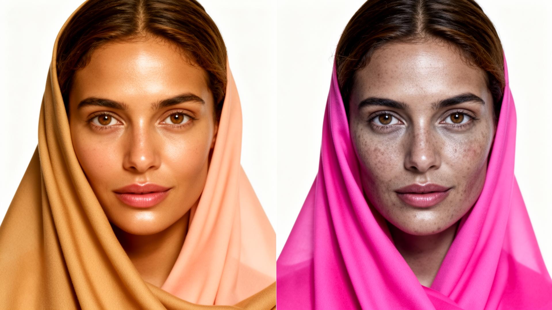 Warm-toned woman in flattering camel/peach vs clashing fuchsia