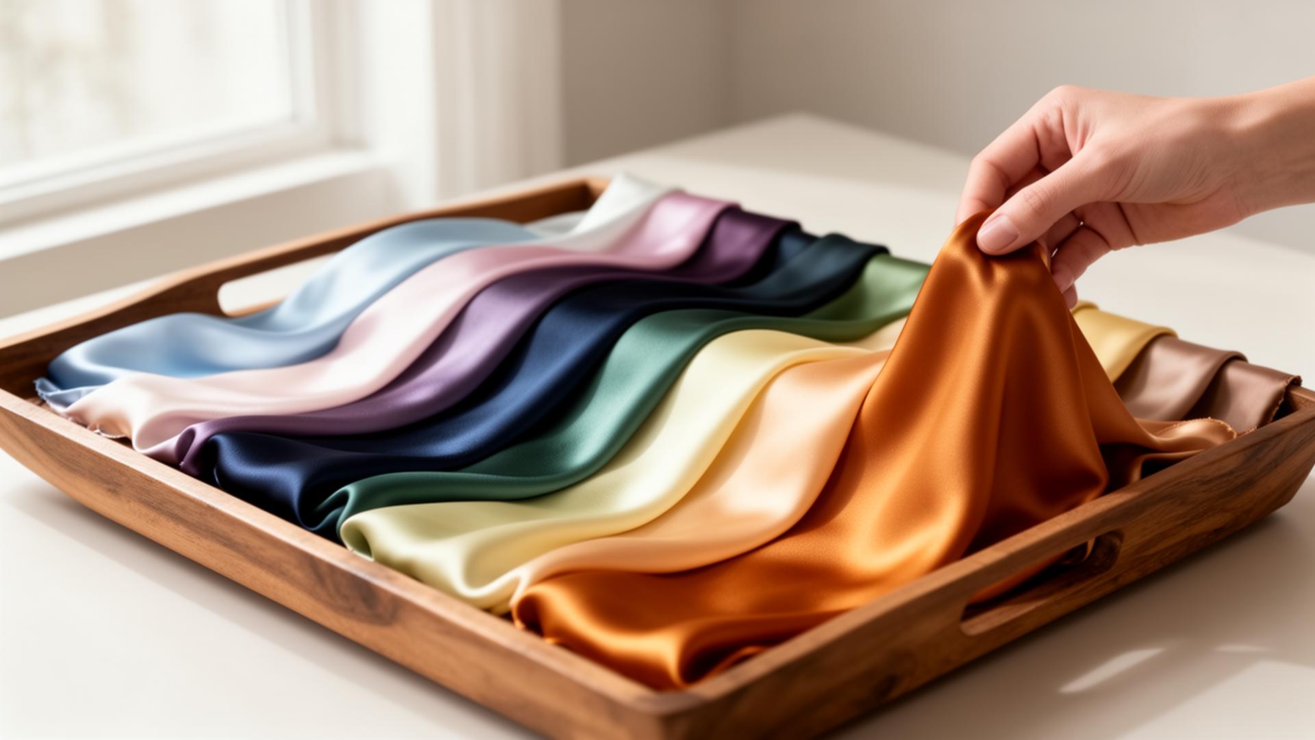 Silk colour drapes on a wooden tray
