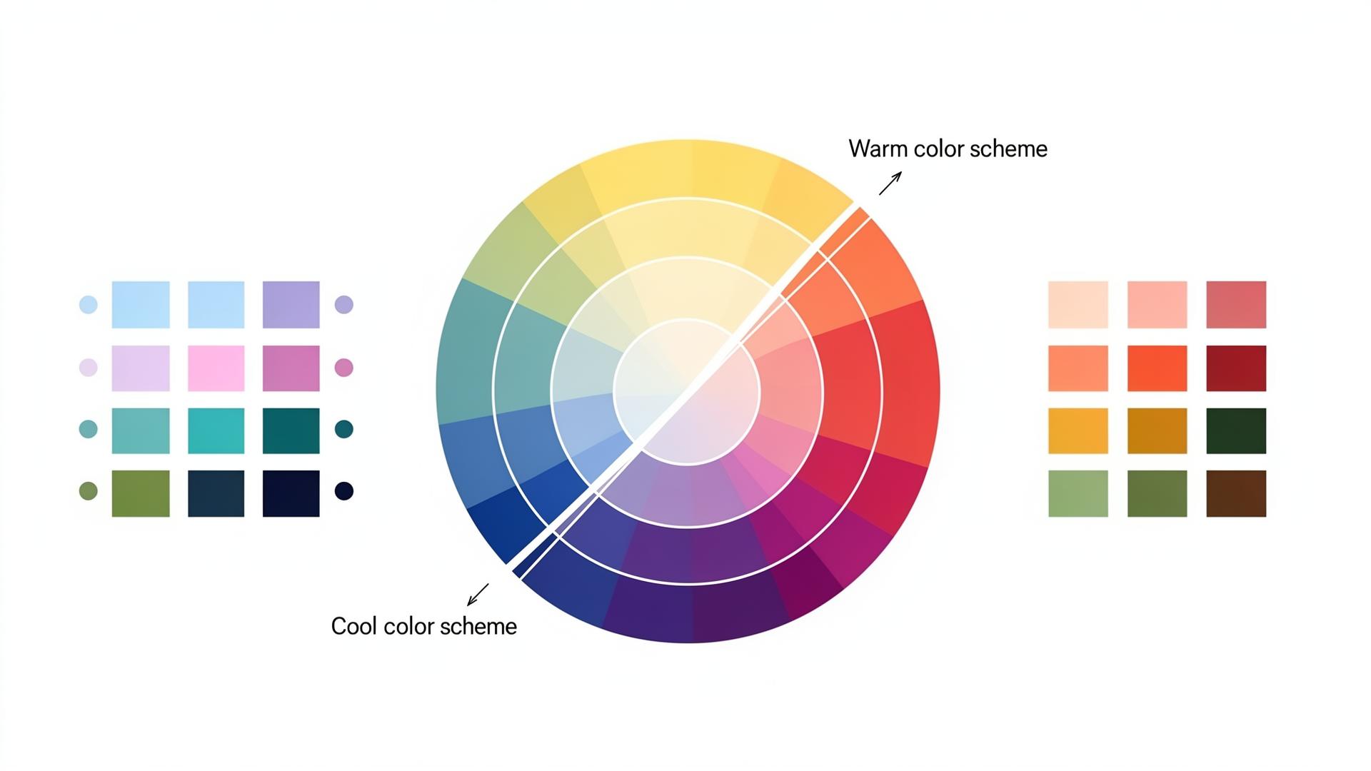 Colour wheel split into a warm half and a cool half, with swatch grids on each side